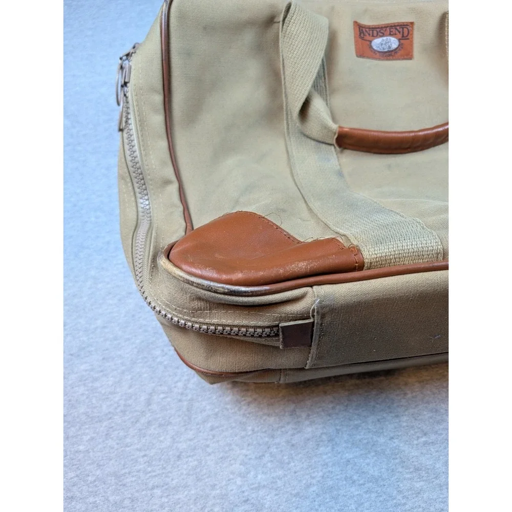 Vintage Lands' End Canvas Leather Trim Garment Bag Suiter Carry On Khaki Tan USA